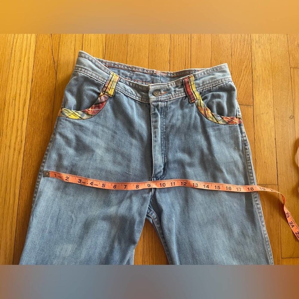 70s Vintage Faded Glory Light Wash Bell Bottoms w. Plaid Detailing - Picture 11 of 15